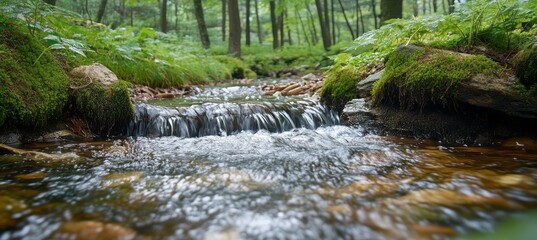 Forest river stream. Nature environment. Generative AI technology.	
