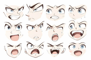 A set of 12 hand-drawn anime faces expressions with various emotions and expressions.