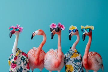 Group of flamingo bird in funky Wacky wild mismatch colourful outfits on blue background, created by ai