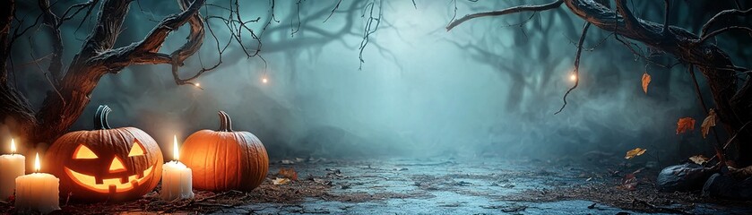 Poster - a moonlit forest clearing, where twisted trees surround a circle of glowing pumpkins and flickering 
