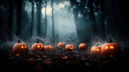 Poster - A hauntingly beautiful forest where the trees are draped in cobwebs, and glowing pumpkins illuminate the misty night, offering extensive copy space for text or branding.