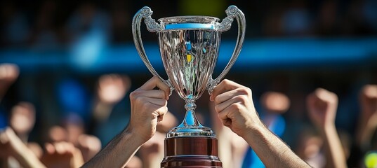 Wall Mural - hands hold tennis sport trophy award. generative ai technology.