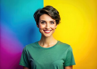 A smiling woman with short hair and natural makeup confidently poses in front of a vibrant background, showcasing a blank t-shirt waiting for a stylish design.