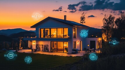 Poster - A digitally connected smart home illuminated at dusk, with symbols representing advanced technology and seamless connectivity