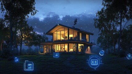 Poster - A digitally connected smart home illuminated at dusk, with symbols representing advanced technology and seamless connectivity