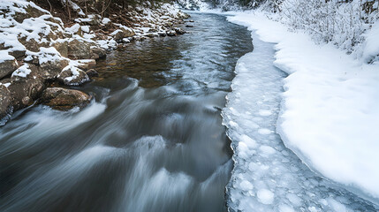 Wall Mural - A flowing river on one side, with clear, moving water, gradually transitioning into a frozen, ice-covered section on the other side