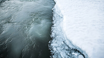 Wall Mural - A flowing river on one side, with clear, moving water, gradually transitioning into a frozen, ice-covered section on the other side