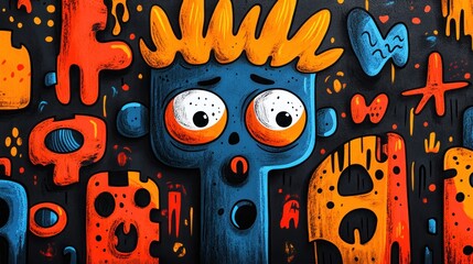 Wall Mural - Colorful cartoon character with expressive features and abstract elements.