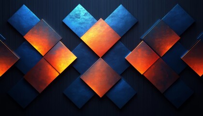 Poster - Abstract Geometric Pattern with Blue and Orange Squares on Black Background