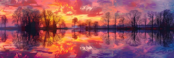 Wall Mural - Sunset glow mirrored on a calm lake creates a breathtaking vista with tranquil silhouettes and vivid colors.