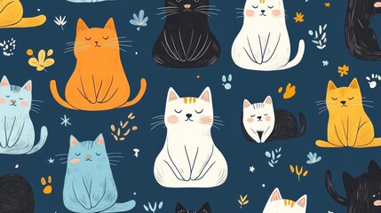 A charming illustration of various cats in vibrant colors, set against a blue background, perfect for cat lovers and decor.