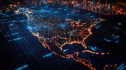 Poster - A high-tech digital map of North America, displaying cityscapes illuminated at night with futuristic technology woven into the urban fabric.