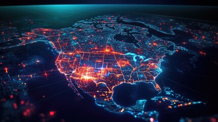 Poster - A high-tech digital map of North America, displaying cityscapes illuminated at night with futuristic technology woven into the urban fabric.