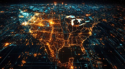 Poster - A high-tech digital map of North America, displaying cityscapes illuminated at night with futuristic technology woven into the urban fabric.