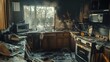 © 69 - A kitchen scene showing the aftermath of a fire, with soot-covered surfaces and damaged appliances, emphasizing fire safety awareness.
