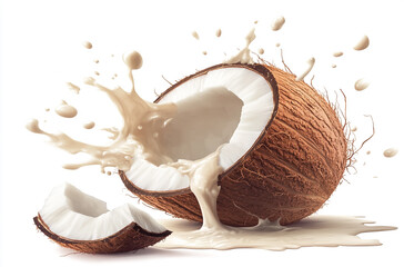 A broken coconut with cream splashing out isolated on a white background