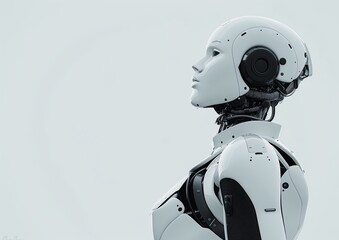 3d render of a white robot looking to the side, standing in profile on a light grey background. the 