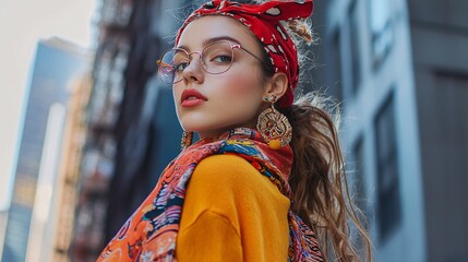 A trendy young woman displays her eclectic accessory collection of vibrant scarves and striking earrings in a chic city setting.