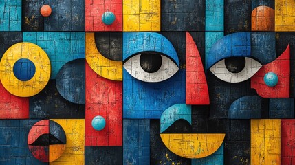 Wall Mural - Abstract artwork featuring geometric shapes and stylized faces.