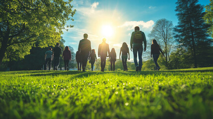 Group of friends walking on green grass in summer