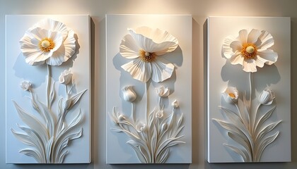 Sticker - Set of three abstract white smokey poppy floral shape art panels