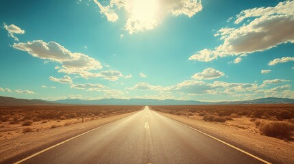 vintage American road trip , desert highway, sunny day, blue sky, clouds