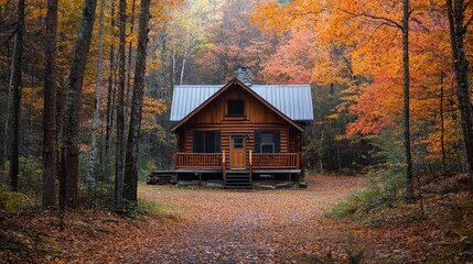 Wall Mural - Cozy Autumn Cabin in the Vibrant Forest Retreat