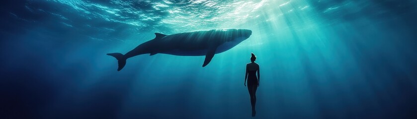 Wall Mural - Underwater Silhouette of Diver Swimming with Whale in Sunlit Ocean Depths