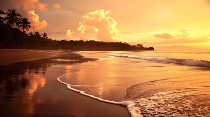 A serene tropical beaches scenery at dusk with the soft waves reflect in the orange sky