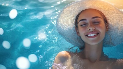 Serene Elegance: A Young Lady in a Sunhat Embracing Gentle Blue Waves, Perfect for a Vibrant Sports Room Poster or Relaxing Beach Decor