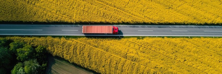 Sticker - Aerial Perspective of Freight Trucks on Highway Surrounded by Vibrant Yellow Fields, Traffic Movement on Picturesque Rural Asphalt Road Adorned with Flowering Agricultural Crops.