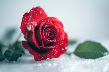 Sticker - A Single Red Rose with Dew Drops on White Background