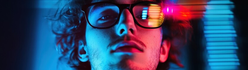 Wall Mural - Young Man with Glasses in Neon Lighting, Reflective Glasses, Futuristic Vibe, Close-Up Portrait