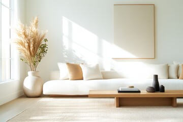 Wall Mural - Serene Scandinavian Living Room with Exposed Wood and Large Plants in Soft Lighting - Side Angle Shot of Natural Brightness