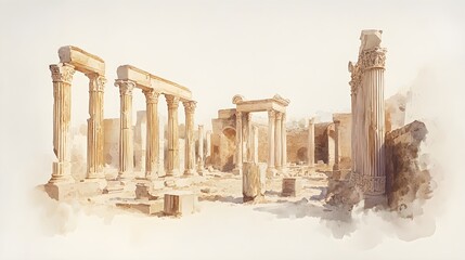 A delicate watercolor painting of Roman ruins in France, featuring ancient columns and arches, set against a clean white background. The artwork captures the timeless beauty and grandeur of 