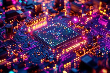 Wall Mural - Illuminated Microchip on a Circuit Board