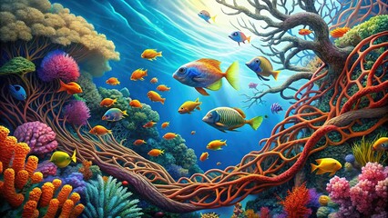 A worn-out large-zippy wild vine cybernetically adapted to thrive amidst a vibrant coral reef teeming with colorful fish.