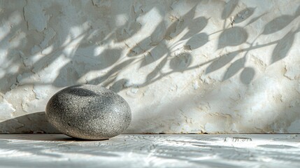 Aufkleber - Single Smooth Grey Stone Resting on White Wood Surface with Branch Shadows