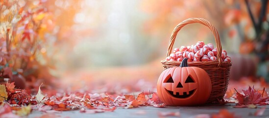 Autumn themed Halloween scene featuring a pumpkin basket filled with candy, perfect for Halloween promotions or fall festivities, with copy space.