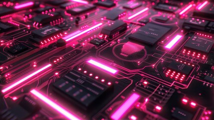 Poster - Close-up of a Circuit Board with Glowing Pink Lines and LEDs