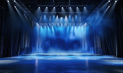 Aufkleber - Empty Stage with Blue Lighting and Black Curtains