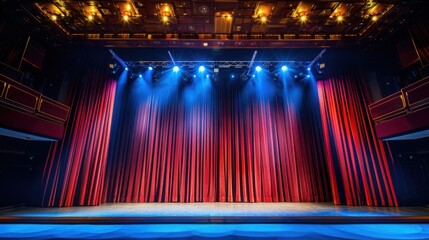 Aufkleber - Empty Stage with Red Curtains and Blue Spotlight