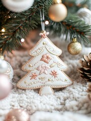 Embroidered Christmas tree ornament with colorful threads hanging on a Christmas tree, showcasing handmade craftsmanship.