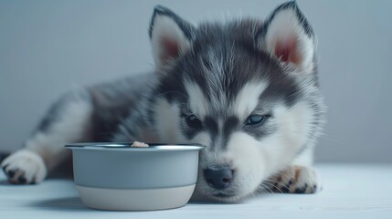 A Siberian Husky drinking from a bowl indoors.