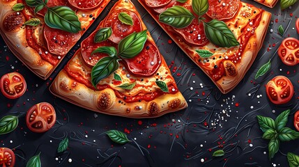 Repeatable pattern of triangle slices of pepperoni. Endless background with cut pieces of pizza with different filling, sauce. Traditional Italian food, cuisine. Flat seamless vector illustration