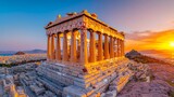 A stunning view of the Parthenon at sunset, showcasing ancient Greek architecture and a vibrant sky over Athens.