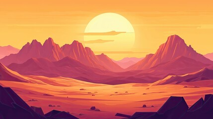 ancient rocky terrain with sprawling desert dunes distant mountain peaks and vibrant sunset in flat 