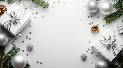 Christmas and New Year holiday white clean mockup background. Silver Christmas gifts on white background top view. Flat layout, banner