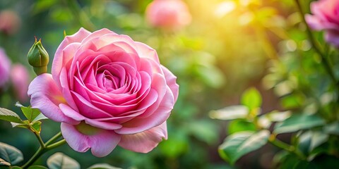 Close up of a stunning pink rose flower blooming in a garden