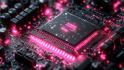 Wall Mural - Close-up of a Circuit Board with a Processor Chip and Pink Glowing Lights